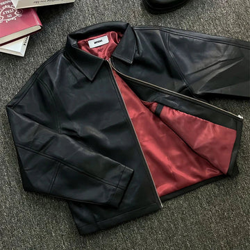 AIDASE  -  Men Clothing Classic Solid Color Leather Jackets For Men's Fall Vintage Outerwear Trendy Zip-up Turn-down Collar PU Leather Coat aidase-shop